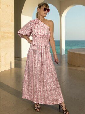 Lug Von Siga Glory Linen Dress 34 US 2 Pink One Shoulder Midi Romantic